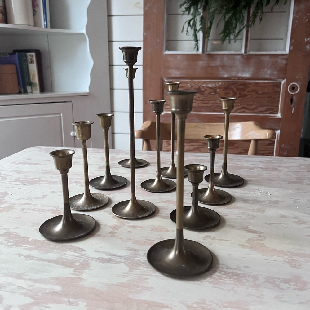 11 vintage brass tulip candlestick holders